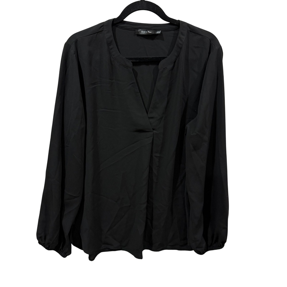 Doe & Rae Black Split V-Neck Long Sleeve Blouse Plus Size 1XL 40730TPL-1